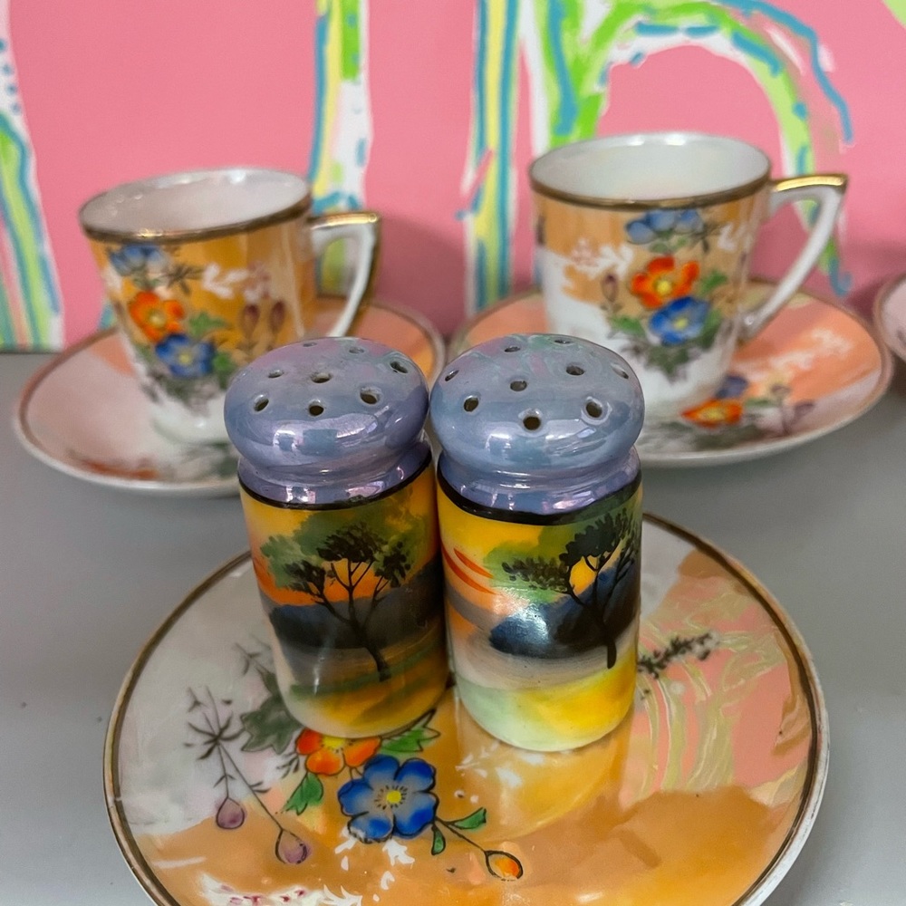 Vintage-Hand Painted CeramicCruetSet,1920's Japan,serving dish(2),cups/saucers 4